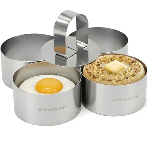 Image of Andrew James Cooking Rings | Set of 4 Stainless Steel Cake Rings for Moulding & Presentation | Egg Rings Set Includes Food Press | Food Moulds for Freezer, Oven & Dishwasher Safe (4cm x 9cm)
