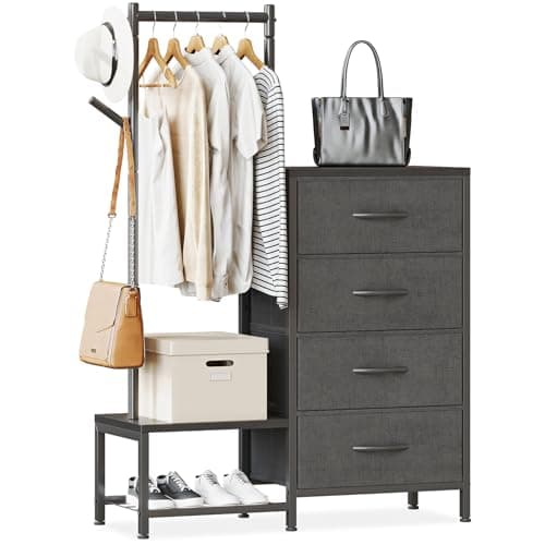 Image of ODK 3 in 1 Chest of Drawers Bedroom, Including 4 Fabric Drawers, with a Sturdy Clothes Rail and 2 Coat Hooks, Double-layer Shoe Rack Design at the Bottom, Suitable for Bedroom and Entryway, Black