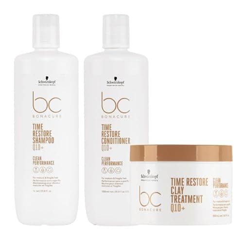 Image of Schwarzkopf PACK BC Bonacure Time Restore Shampoo 1000ml, Time Restore Conditioner 1000ml & Time Restore Clay Treatment 500ml