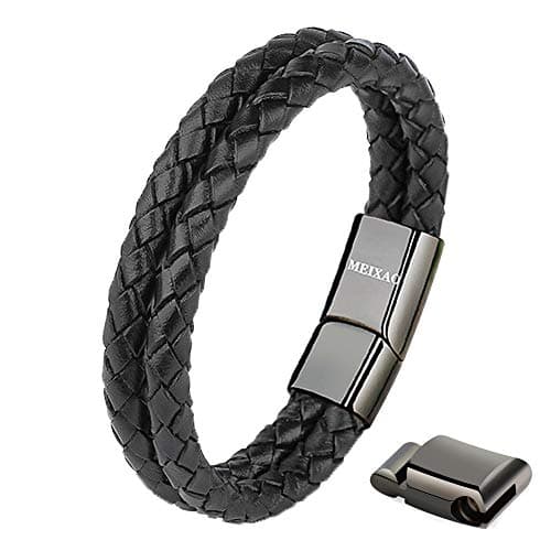 Image of Meixao Bracelet for Men Cowhide Genuine Leather Polished Adjustable Stainless Steel Magnetic Closure (Black, 18)