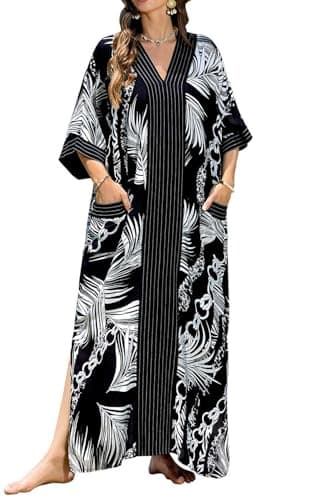 Image of Orshoy Womens Free Size Kaftan Long Sleeve Beach Bikini Coverups Maxi Long Dresses Kimono Tunic Swimwear Robes Black White Chain