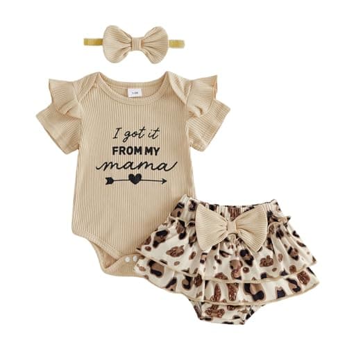 Image of XIXIMAON Mommys Bestie Newborn Outfits Girl i Got It From My Mama Short Sleeve Ruffle Romper Leopard Bow Skort Headband Set Infant Girl Summer Outfits (Khaki, 0-3 Months)