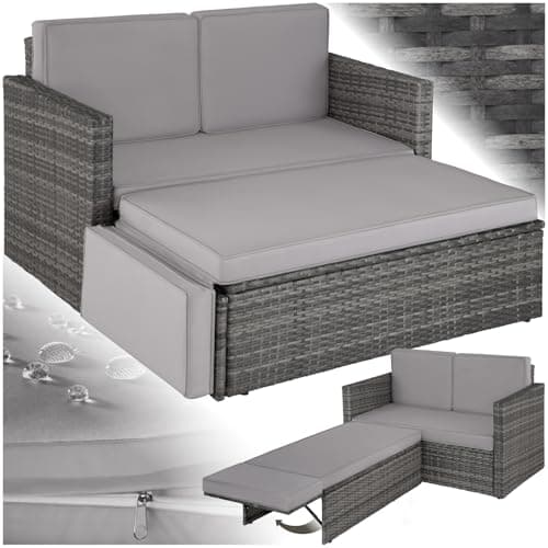 Image of tectake® Rattan Garden Furniture Set - UV-Resistant 2 Seater Sofa & Stool with Steel Frame, Thick, Water-Repellent & Washable Cushions, Easy Setup - Outdoor Furniture for Garden & Patio - Grey