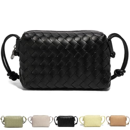 Image of QAORD Woven Crossbody Bags For Women, Small Handmade Purse Clutch Shoulderbag Handbag Vegan Leather Zipper Closure Bags, Black, 108 cubic inches, Woven