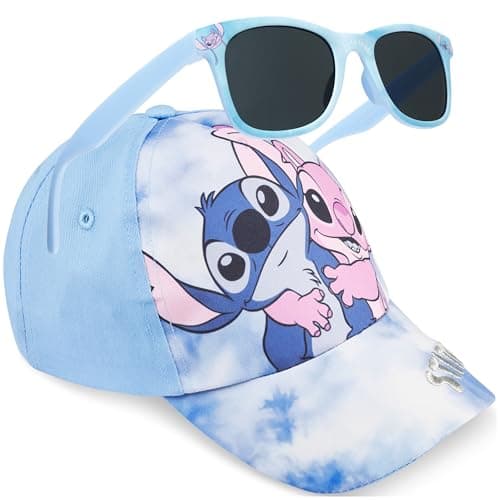 Image of Disney Stitch Girls Baseball Cap Sunglasses Set, Adjustable Kids Summer Sun Hat 100% UV Protection Shades, Holiday Essentials (Blue Stitch)