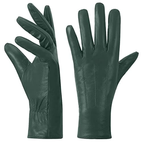 Image of Harssidanzar Leather Gloves Women's,Winter Warm Cashmere Lining Touchscreen Ladies Glove GL017UK, Hunter Green,Size S