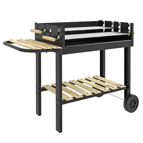 Image of Outsunny Charcoal BBQ Grill, Barbecue Trolley with Double Adjustable Grill, Side Table, Storage Shelf and Wheels for Outdoor Garden Party Cooking, Black