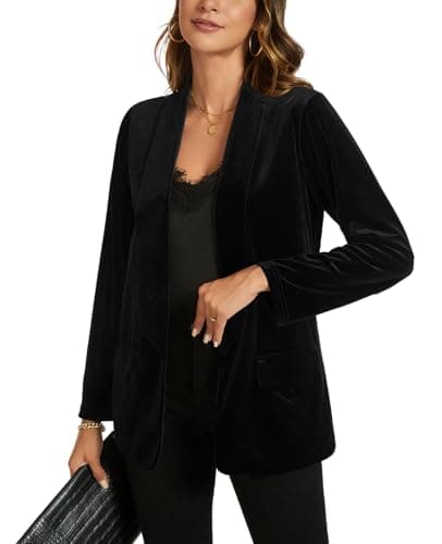 Image of MINTLIMIT Women Casual Velvet Blazers Shawl Lapel Open Front Work Suit Long Sleeve Office Blazer Jacket with Pockets 2025 Fall Black