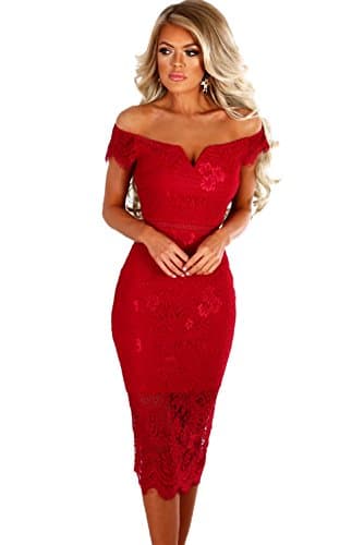 Image of shelovesclothing Women's New Off-Shoulder Sweet Heart Lace Bardot Stretch Midi Dress (UK Large 16-18, Red)