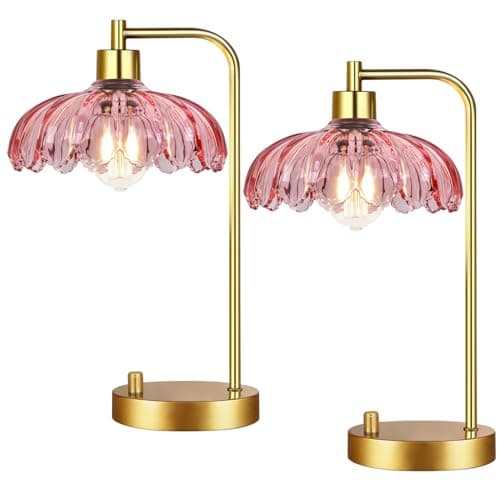 Image of ILLMTW Pink Table Lamp Set of 2,Small Gold Bedside Lamps Dimmable Boho Bedroom Lamp with Tulip Flower Glass Lamp Shade,Vintage Mid Century Modern Mini Nightstand Lamp for Bedroom Living Room