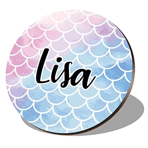 Image of 1 x Round Coaster - Name Lisa Mermaid Scales Fish Sea Letter Lettering Initial Cork Backed MDF Glossy Tea Coffee Accessory #279960