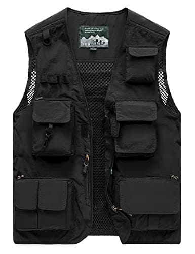 Image of Sukany Men's Leisure Outdoor Work Safari Fishing Travel Cargo Vest Jacket Photo Mesh Waistcoat Multi Pockets Black 2XL