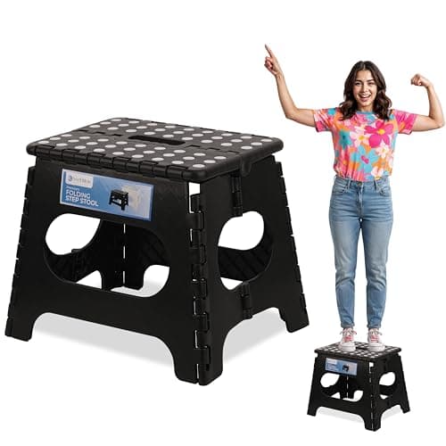 Image of Black - 11inch Foldable Step Stool for Adults & Children – Heavy Duty Plastic Compact, Collapsible Stool for Home, Bathroom, Garage, Office, Picnic – Non-Slip Design, Weight Capacity 330lbs