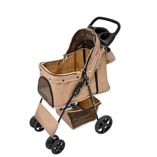 Image of Pet Stroller Pushchair & Caddy Bag Organiser Detachable Navy Blue Foldable Carrier 15kg Capacity Wheels Brakes Dog Hook Leash Canopy Mesh Windows Basket Cup Holders Pockets & Waterproof Rain Cover