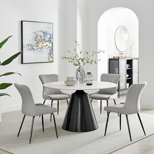 Image of Furniturebox UK Nina Marble Effect Round Dining Table with Gunmetal Grey Stainless Steel Pillar Leg, Matte Finish, Seats 4-6, and Nora Light Grey Velvet Wingback Dining Chairs, Set of 4