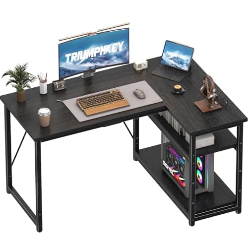 Image of TRIUMPHKEY 120 * 80cm L Shaped Computer Desk with Reversible Large Storage Shelves, Corner Desk Computer Workstation Matching Under Desk Height Adjustable Storage, Home Office Work Table Black