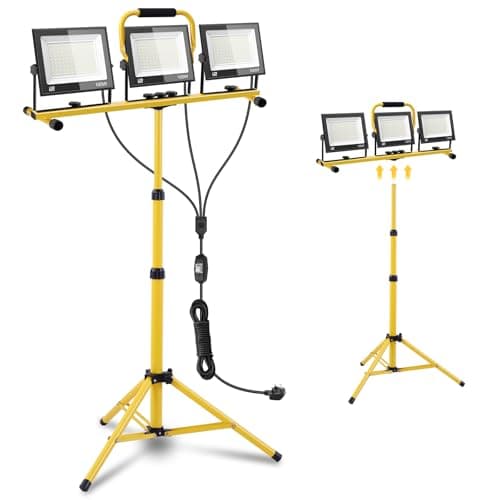Image of LED Work Light 300W with Tripod, Triple Heads LED Floodlight 30000LM 6500K, IP66 Waterproof Work Lights with Telescopic Tripod, Plug 3 m Cable, 360° Rotation for Workshop, Construction Site, Garage