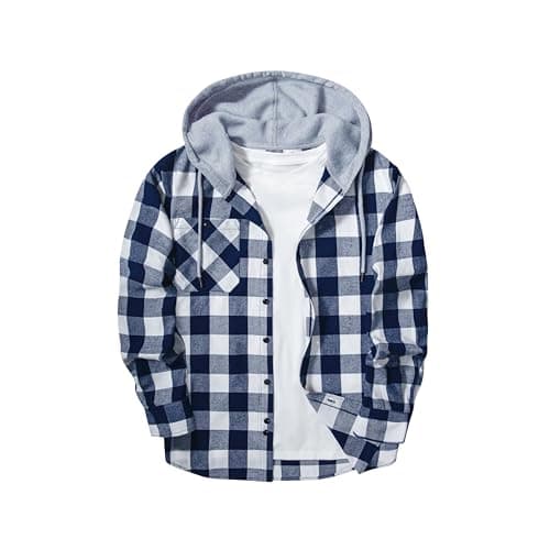 Image of JACKETOWN Men's Hoodies Long Sleeve Casual Plaid Flannel Shirt Mens Jackets Top Button Down Shirts for Men Cotton Lumberjack Regular Fit Blue White