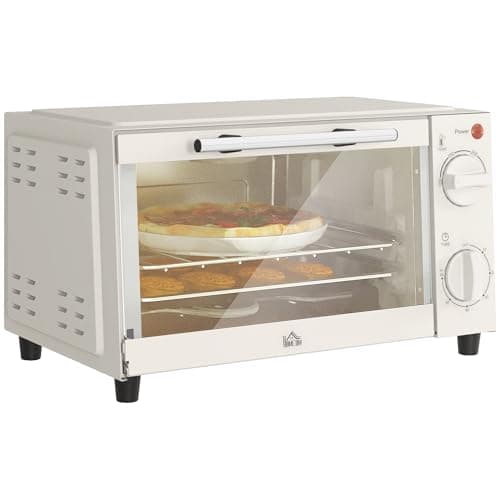 Image of HOMCOM Mini Oven, 9L Countertop Electric Grill, Toaster Oven with Adjustable Temperature, Timer, Dishwasher Safe Baking Tray and Wire Rack, 750W, Cream