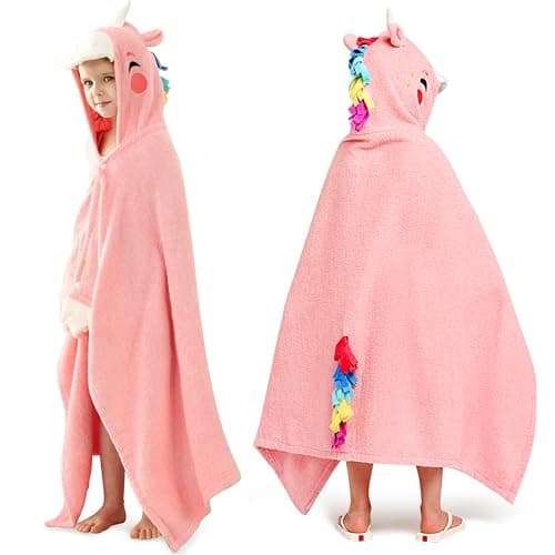 Image of Joiedomi Pink Unicorn 127 x 77 cm Hooded Towels for Kids, Soft Cotton Beach Towel for 3-10 Years Boys Girls Beach Poncho Towels Quick Dry Lightweight Swimming for kids Bath Towels