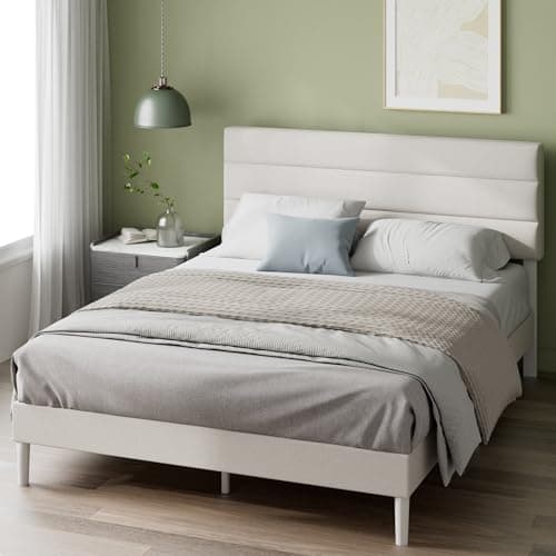 Image of Zinus Piper King Upholstered Bed Frame with Headboard (150 x 200 cm) – Fabric Bed Frame with Wooden Slat Support, Easy Assembly – Off White