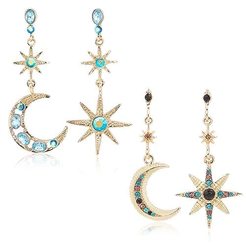 Image of SUPERFINDINGS 2 Sets Moon and Star Drop Stud Earrings Moissanite Moon Star Drop Earrings Celestial and Crescent Earrings Colorful Rhinestone Dangling Earrings Jewelry Gift for Woman