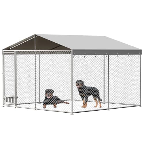 Image of Outdoor Dog Kennel, 10x10 ft Large Dog Kennel with Feeding Device, Metal Ties, Waterproof Cover, Rainproof Roof, Large Metal Dog House for Outdoor Garden Yard/Medium & Large Dogs