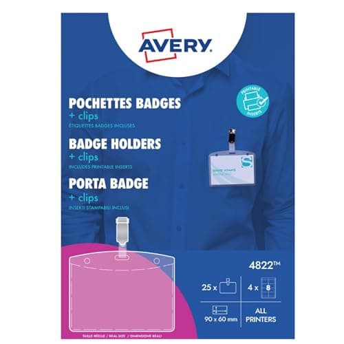 Image of Avery 4822 Clip Badge Holders with Printable and customisable Name Inserts (90 x 60 mm Badges) - White, Pack of 25