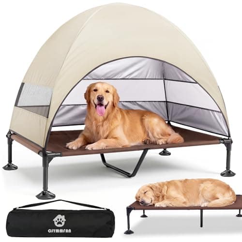 Image of Elevated Dog Bed with UV-Proof Canopy, Raised Outdoor Dog Tent with Powerful Anti-Slip Feet, Portable Pet Cot with Wider Shade, Raised Cooling Bed for Camping, Backyard, Beach (Khaki, XL)
