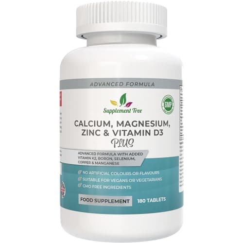 Image of Calcium Magnesium Zinc and Vitamin D Plus Vitamin K2 MK-7 Supplement - 180 Vegan Tablets - High Strength Calcium Tablets Complex with Vitamin K2 Copper Manganese Selenium & Boron - UK Made