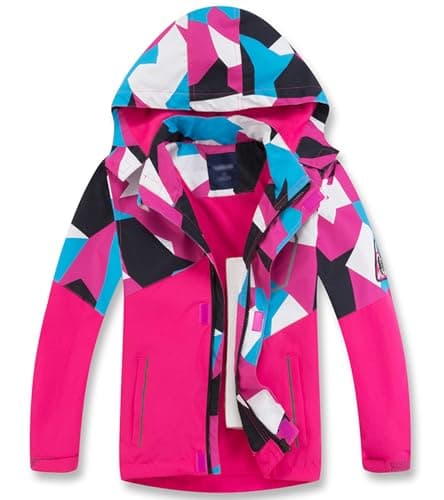 Image of LAUSONS Kids Girls Fleece Lined Raincoat Lightweight Windbreaker Camo Outdoor Waterproof Jacket with Removable Hood Magenta 9-10 Years / 140cm