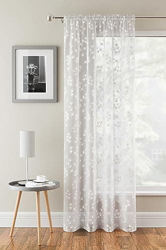 Image of Tyrone Textiles Delila White Floral Voile Net Curtain Panel - 55 x 90 Inch (140 x 229cm) - Sheer Semi Transparent Slot Top/Rod Pocket Privacy Drapes