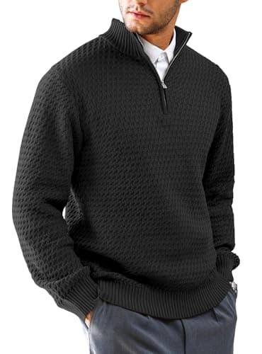 Image of HYPESTFIT Mens Quarter Zip Sweater Mock Neck Knitted Pullover Long Sleeve Jumper Casual Top Black XXL