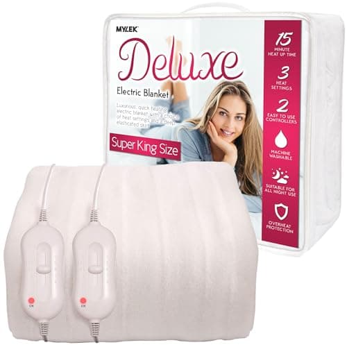 Image of MYLEK Electric Blanket Superking Bed Fitted Heated Mattress Cover Dual Control with Elasticated Skirt, Size 203 x 182cm x 40cm, Overheat Protection, Fast Heat Up, Machine Washable (Super King)