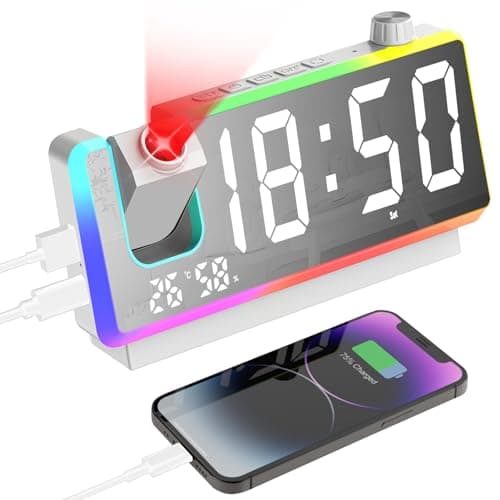 Image of Cuteefun Projection Alarm Clock, Digital Alarm Clock Bedside with Large 7" LED Display, 8 Mode RGB Night Light, 180° Projector, Dual Alarms, Dual USB Port, Temperature and Humidity, Dimmer, White