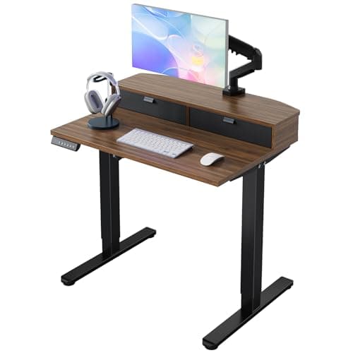 Image of HUANUO 80 x 53 cm Small Electric Standing Desk with Drawers, C-Clamp Mount Compatible, Height Adjustable Sit Stand Desk, Home Office Stand Up Desk with 4 Memory Height Settings, Walnut