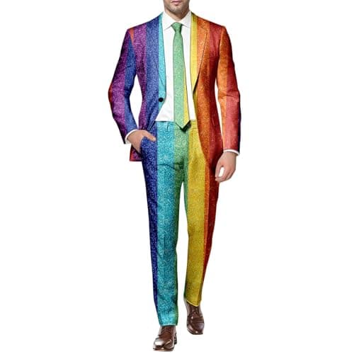 Image of RUMAOZIA Neon Coloured Suit 2-Piece Men's Slim Fit Suit Jacket Suit Trousers Two Piece Set Funny Novelty Rainbow Suit Blazer Set Neon Theme Party Outfit Disco Night Club Performance Costume