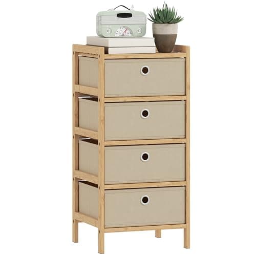 Image of HOMCOM Chest of Drawers, 4 Fabric Drawers Dresser with Bamboo Frame, Narrow Storage Unit for Small Spaces, Bedroom, Living Room, Hallway, Cream White