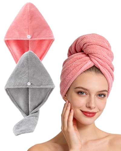 Image of Lumimi Bath Pre Dry Hair Towel 2 Pack Quick Dry Hair Super Absorbent Lightweight Turban with Button Hair Drying Wrap Shower Wellness, Red Grey