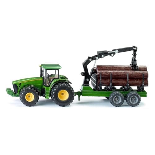 Image of siku 1954, John Deere Tractor with Forestry Trailer, 1:50, Metal,Plastic, Green, Functional loading arm and claw