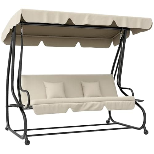 Image of Outsunny 2-in-1 Garden Swing Seat Bed, 3 Seater Convertible Swing Chair Bench with Tilting Canopy, Cushioned Seat and 2 Pillows for Patio, Garden, Cream White