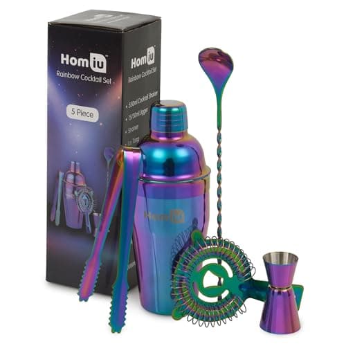 Image of Homiu Cocktail Set Iridescent 6 Piece Includes Stainless Steel 550ml Cocktail Shaker Single or Double Shot Jigger Strainer Ice Tong and Bar Spoon Rainbow (Cocktail Set)