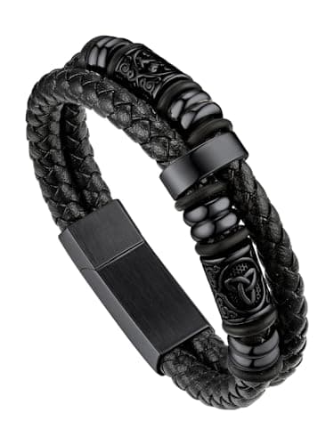 Image of Bandmax Mens Leather Bracelet Viking Bracelets Wristbands For Grandfather Black Rope Beaded Bracelet Men Celtic Knot Jewellery 21cm