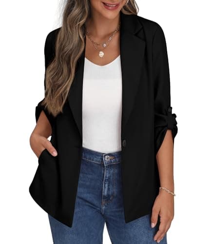 Image of PrinStory Womens Blazer Suit Open Front Cardigan Adjustable Sleeve Casual Work Office Blazer Jacket For Ladies With Buttons Pockets (Black, 10-12)