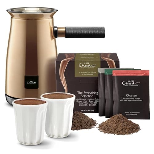 Image of Hotel Chocolat Velvetiser - In-Home Hot Chocolate Machine - Barista-Grade Hot Chocolate Maker - Copper Edition - Complete Starter Kit - 2 Ceramic Podcups & 10 Single-Serve Sachets