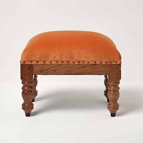 Image of HOMESCAPES Burnt Orange Velvet Footstool 50 x 30 cm Rectangular Pouffe on Solid Wood Legs 40 cm Tall Ottoman Style Upholstered Footrest
