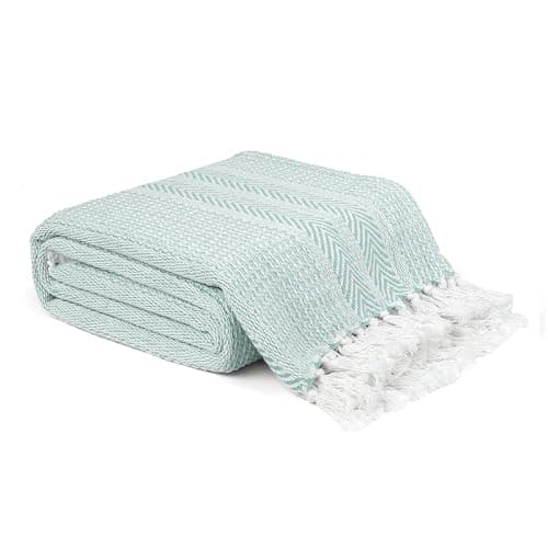 Image of EHC Cross-stitch Pattern Throw Blanket, Handwoven Cotton Throws for Sofas Bed Sofa Settee Couch Reversible Bed Cover Over Bedspread, Single, 125 x 150 cm, Duck Egg