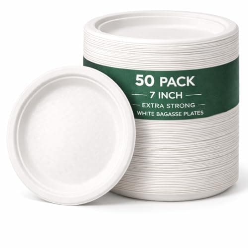 Image of 1ABOVE 50 Pack Extra Strong White Disposable Bagasse Plates, 100% Compostable and Biodegradable, Made from Sugarcane Fibre, Perfect for BBQ, Wedding, Office, Picnics and Parties (7 INCH)
