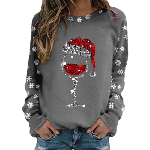 Image of Women's Christmas Sweatshirt, Crew Neck, Long Sleeve, Printed Christmas Sweater, Fashion, Winter, Elk Sweatshirt, Large Size, Casual Pullover, A-grey, S