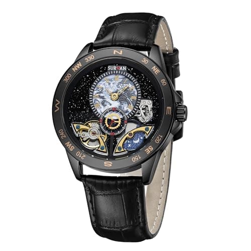 Image of SURVAN WatchDesigner Automatic Mechanical Watches for Men Leather Strap Skeleton Starry Sky Dial Watch Self Winding Business Men's Dress Wrist Watch Water Resistant, No Battery Needed(Black)